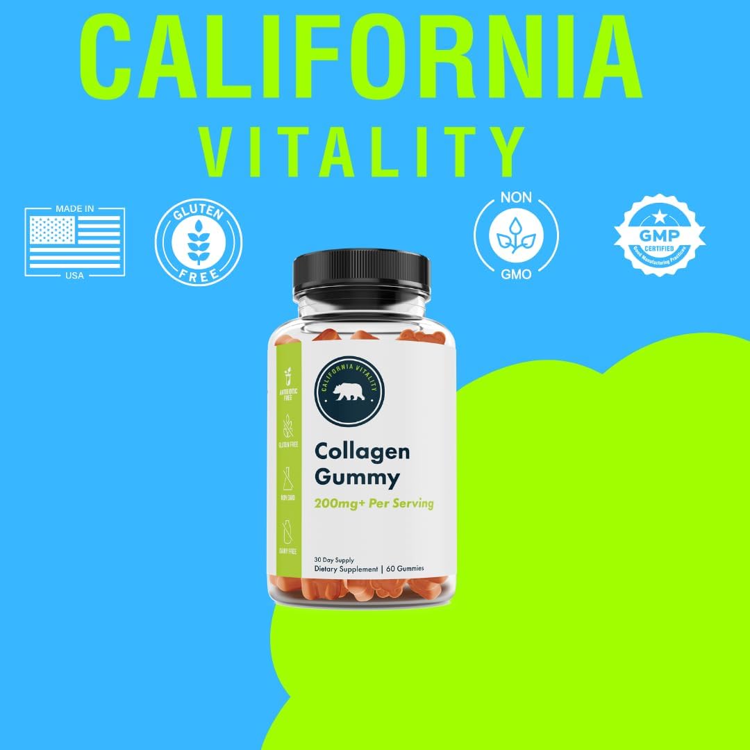 California Vitality Collagen Gummy 200mg+ with Vitamin C, E, Biotin, and Zinc - Overall Support - Gluten-Free, Non-GMO, Dairy-Free - 60 Gummies - Made in USA - 1 Month Supply
