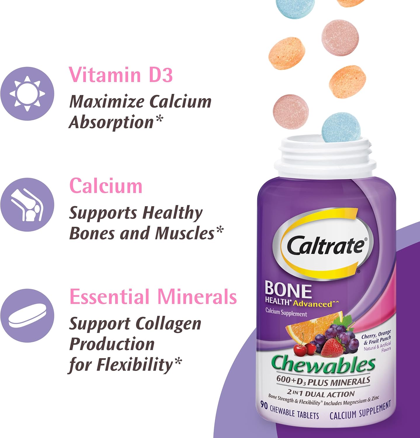 Caltrate Chewables 600 Plus D3 with Minerals Calcium Vitamin D Supplement - Cherry, Orange, Fruit Punch - 60 Count