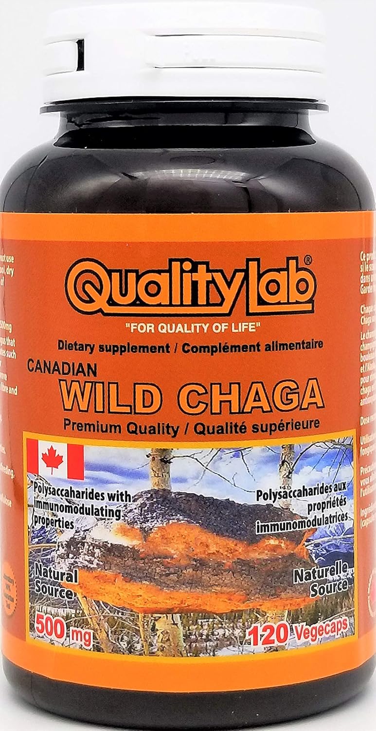 Canadian-Made QUALITYLAB Wild Chaga 500mg Supplement - 120 Vegetarian Capsules