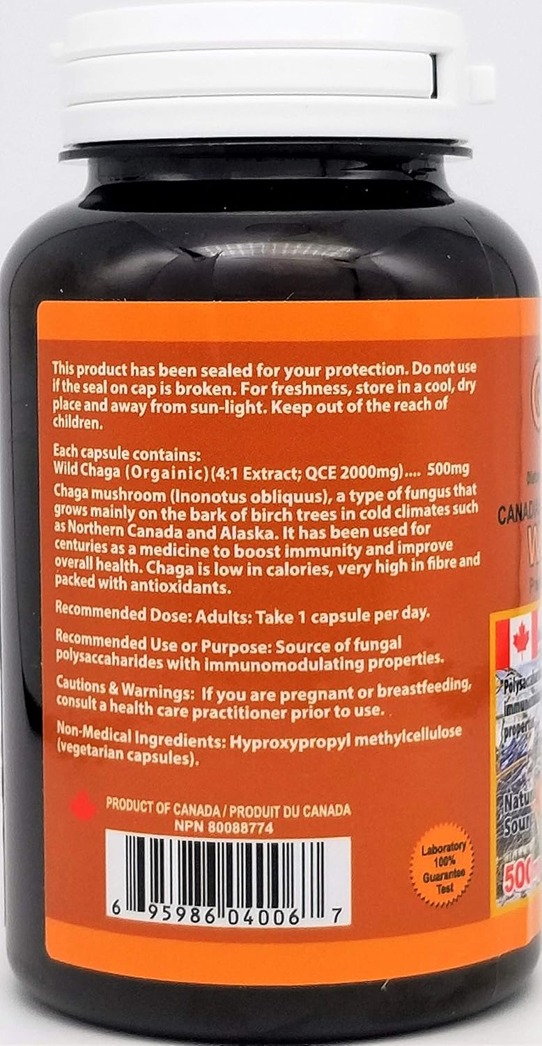 Canadian-Made QUALITYLAB Wild Chaga 500mg Supplement - 120 Vegetarian Capsules