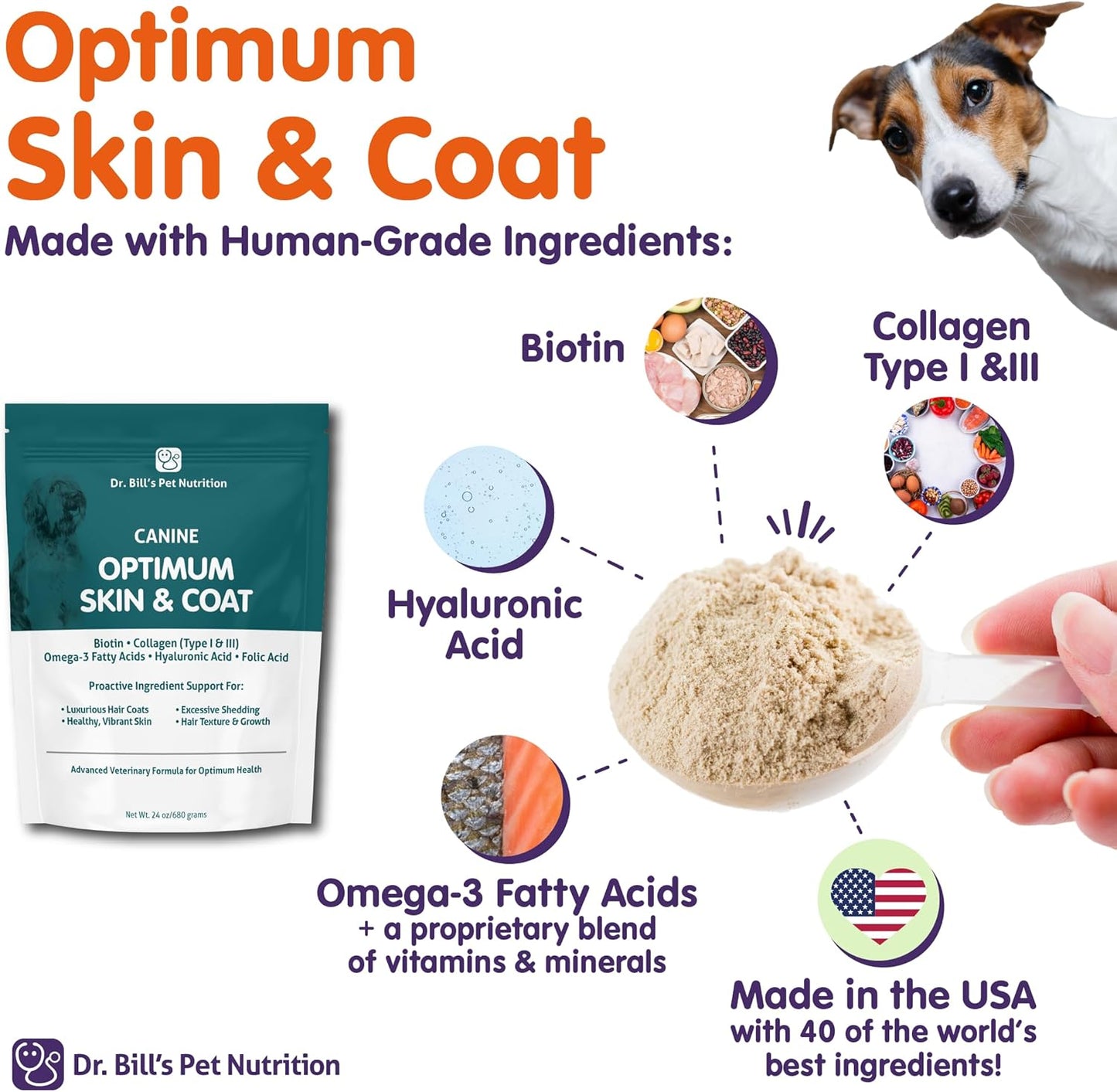 Canine Optimum Skin & Coat Supplement for Dogs - Fish Oil Omega-3 Fatty Acids with Biotin, Collagen, & Hyaluronic Acid