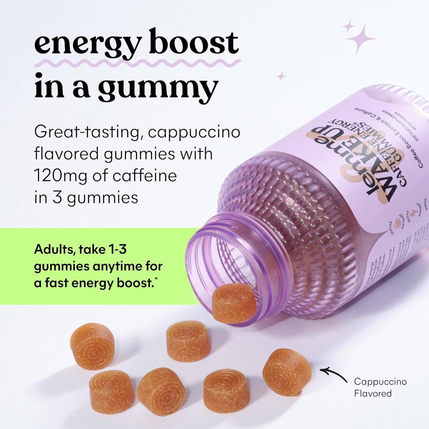 Cappuccino Flavored Vegan Caffeine Energy Gummies - 80mg per Serving, Coffee Bean Extract, Gluten Free - 60 ct, 1 Month Supply