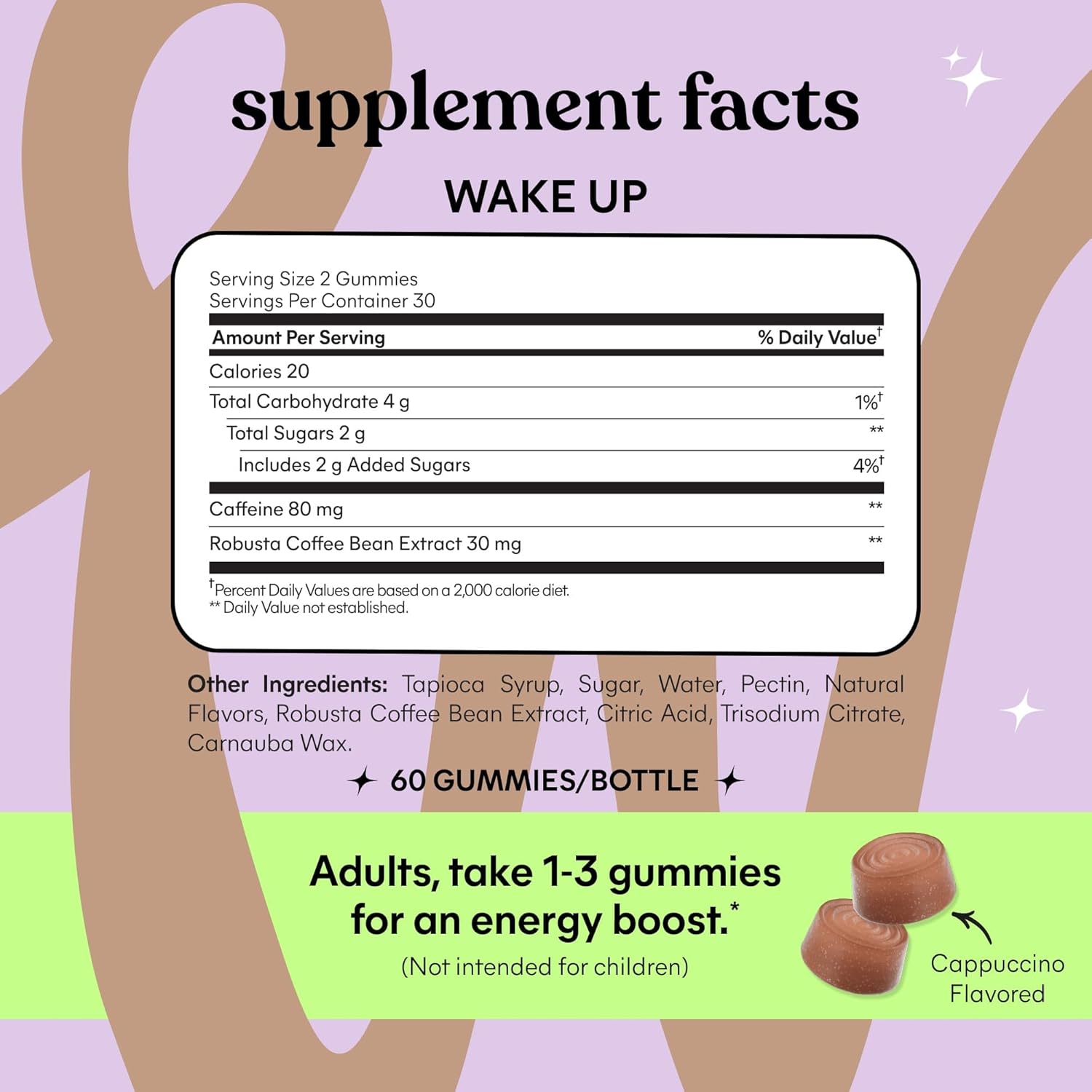 Cappuccino Flavored Vegan Caffeine Energy Gummies - 80mg per Serving, Coffee Bean Extract, Gluten Free - 60 ct, 1 Month Supply