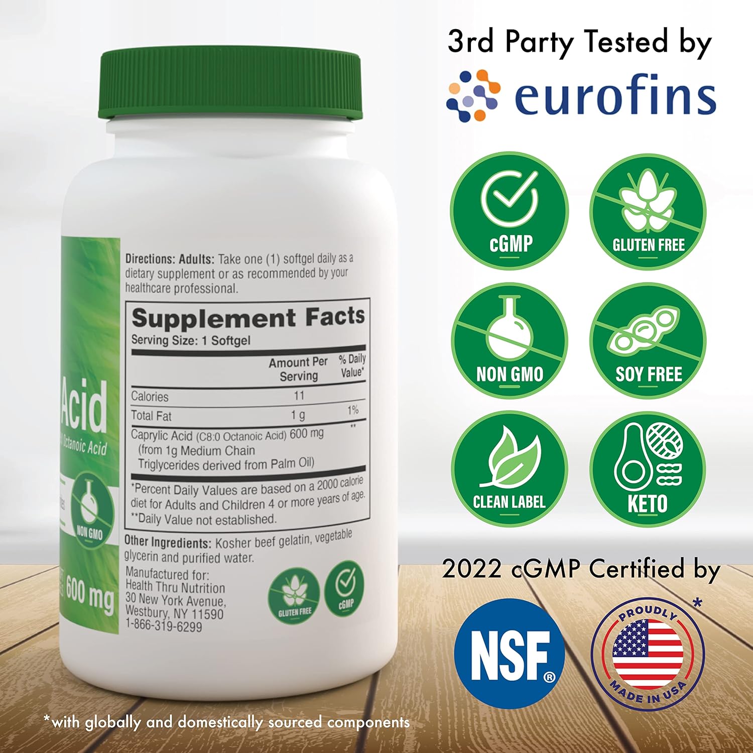 Caprylic Acid 600mg Softgels - Pure C8 Octanoic Acid from 1g MCT Oil - Non-GMO & Soy Free - Digestive Health Support - Keto Friendly - 200 Count