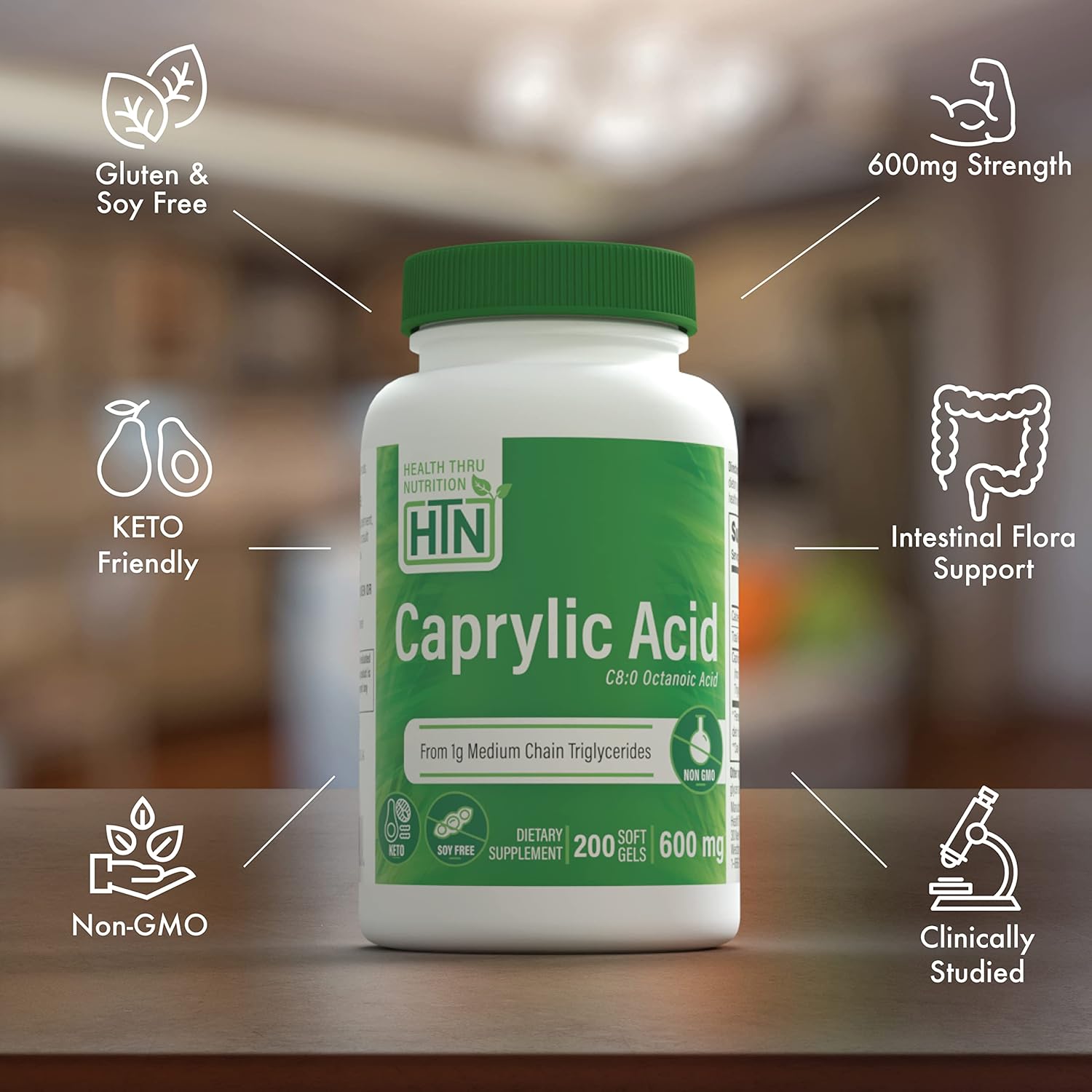 Caprylic Acid 600mg Softgels - Pure C8 Octanoic Acid from 1g MCT Oil - Non-GMO & Soy Free - Digestive Health Support - Keto Friendly - 200 Count