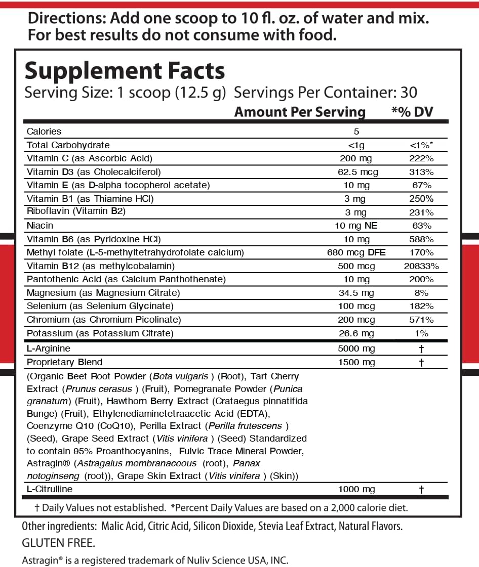 Cardio 911® Nitric Oxide Supplement - Tart Cherry Flavor - 16.82 oz Powder - L-Arginine 5000mg & L-Citrulline 1000mg - Heart Health Formula Pack of 1