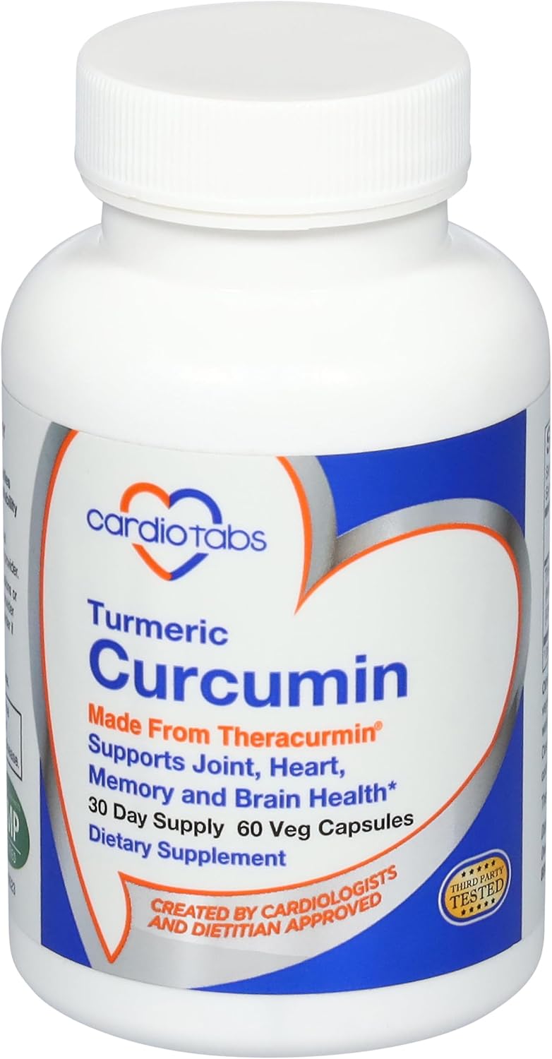 CardioTabs Turmeric Curcumin Supplements - 600mg Theracurmin for Joint, Heart, Memory & Brain Support - 60 Vegetarian Capsules