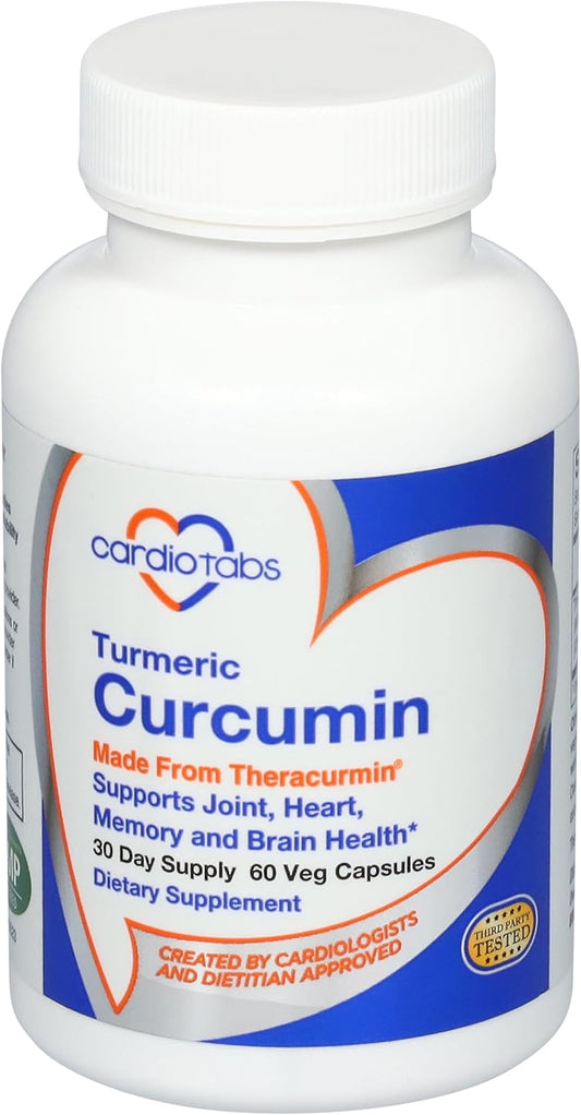 CardioTabs Turmeric Curcumin Supplements - 600mg Theracurmin for Joint, Heart, Memory & Brain Support - 60 Vegetarian Capsules