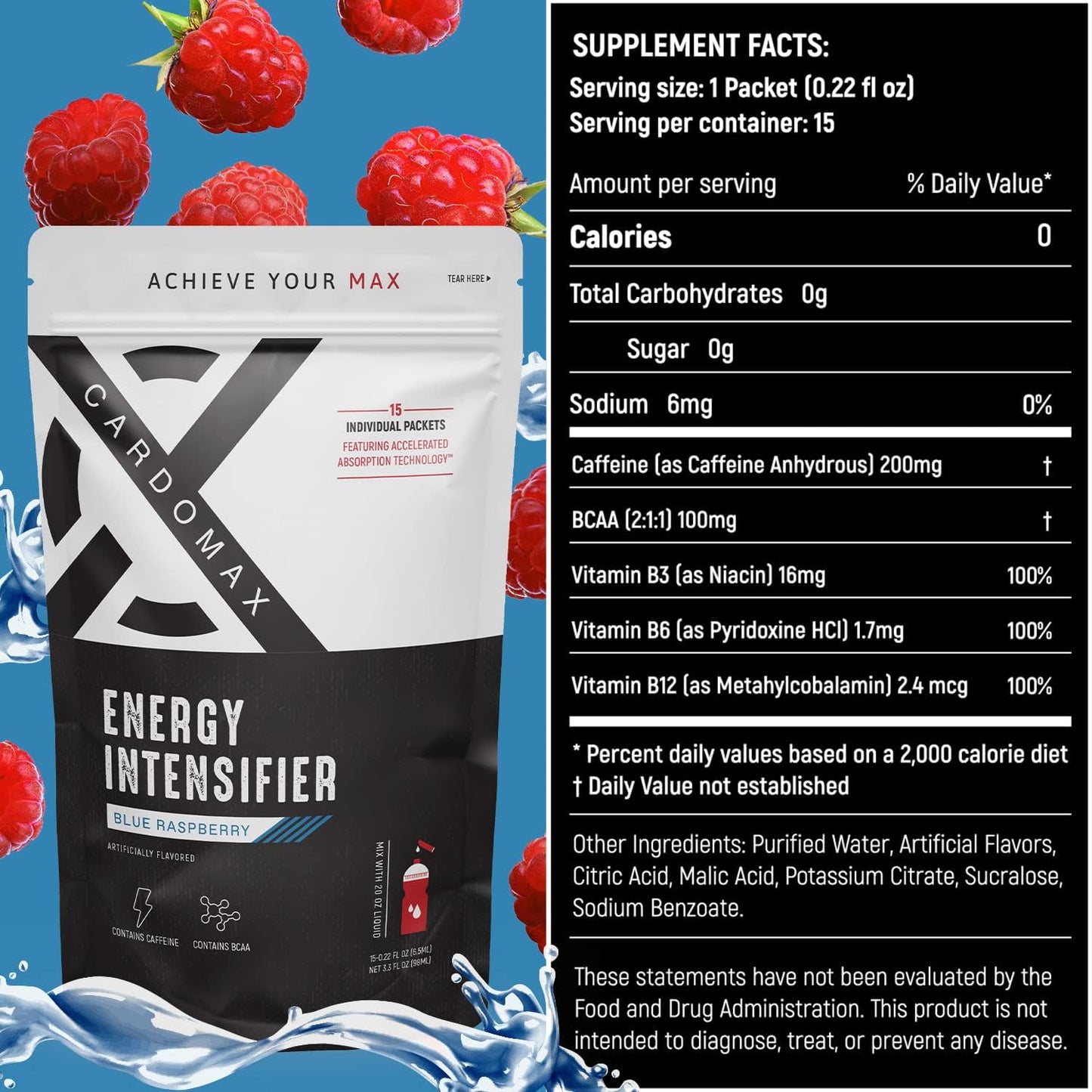 CardoMax Energy Intensifier - Blue Raspberry Liquid Energy Boost with 200mg Caffeine, BCAA, Vitamin B12, B6, B3 - Keto, Vegan, Sugar-Free