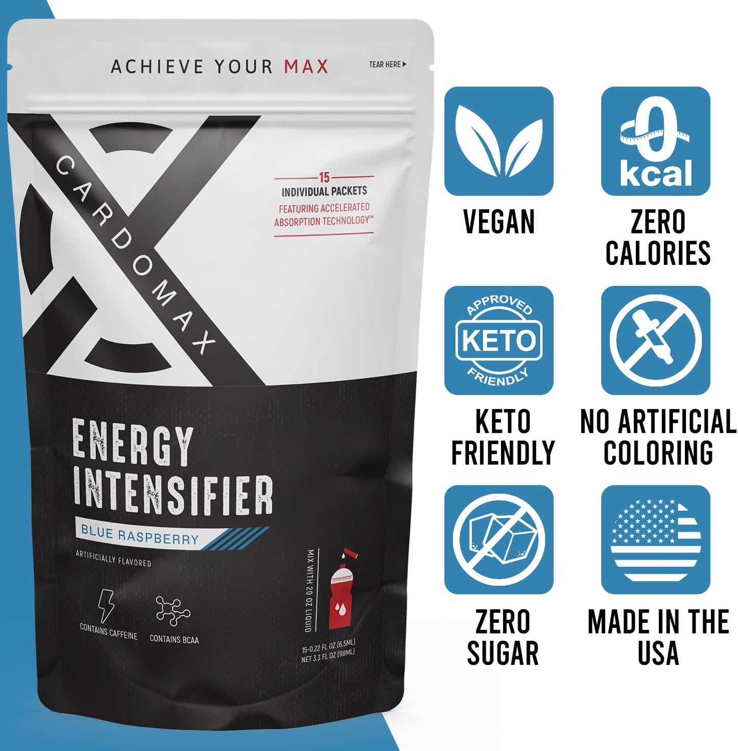 CardoMax Energy Intensifier - Blue Raspberry Liquid Energy Boost with 200mg Caffeine, BCAA, Vitamin B12, B6, B3 - Keto, Vegan, Sugar-Free