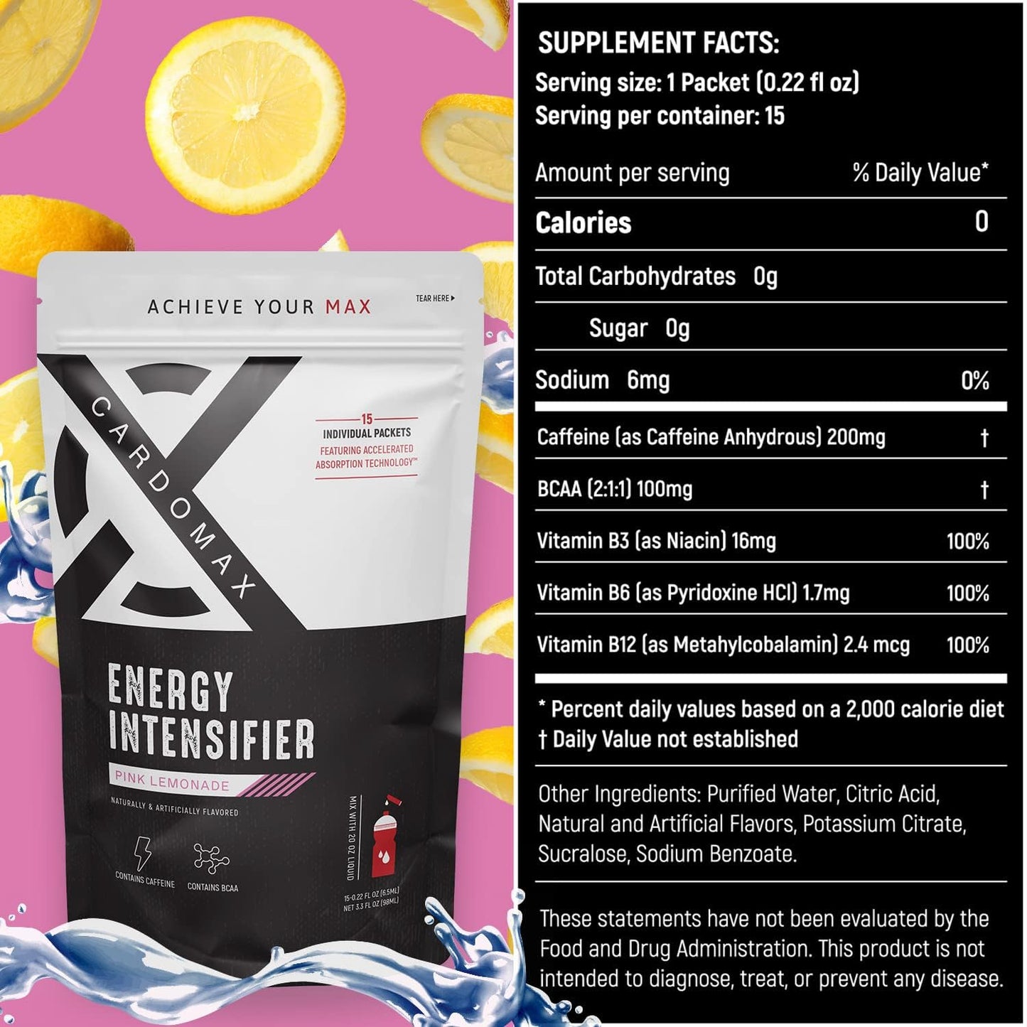 CARDOMAX Energy Intensifier Liquid Booster with BCAAs, 100% Vitamins B12, B6, B3 - Pink Lemonade Flavor, Keto, Vegan, Sugar-Free
