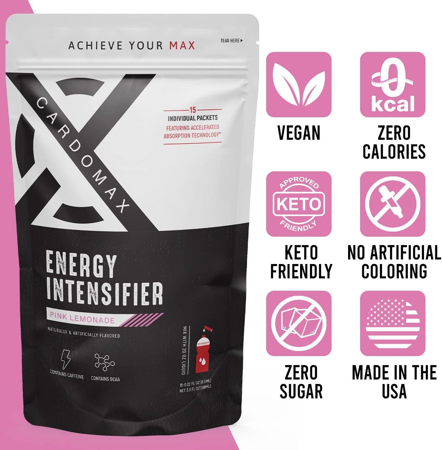 CARDOMAX Energy Intensifier Liquid Booster with BCAAs, 100% Vitamins B12, B6, B3 - Pink Lemonade Flavor, Keto, Vegan, Sugar-Free