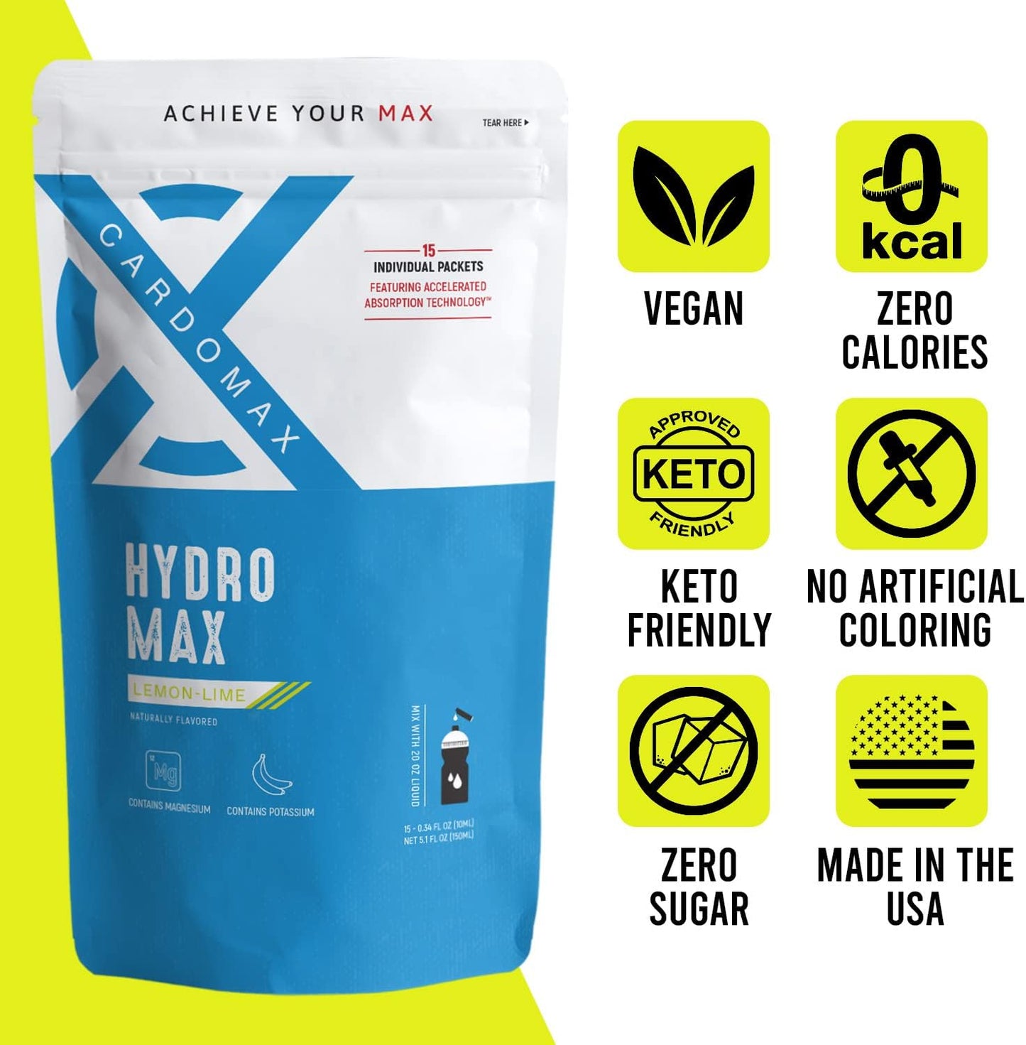 CardoMax Hydration Drink Mix - Electrolyte Hydromax Packets, Zero Calories, Sugar-Free, Keto-Friendly - 15 Sticks (Lemon Lime)