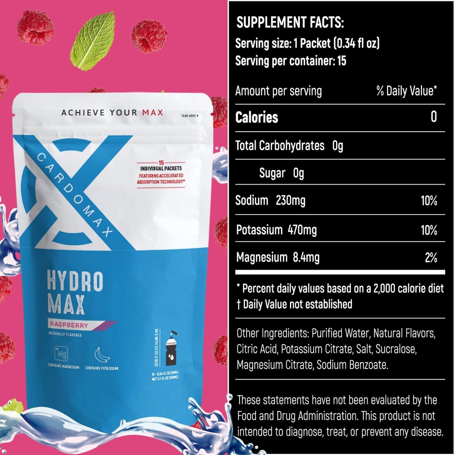 CardoMax Hydromax Raspberry Liquid Electrolyte Drink Mix - 15 Packets for Rapid Hydration & Recovery, Zero Sugar, Keto & Vegan-Friendly