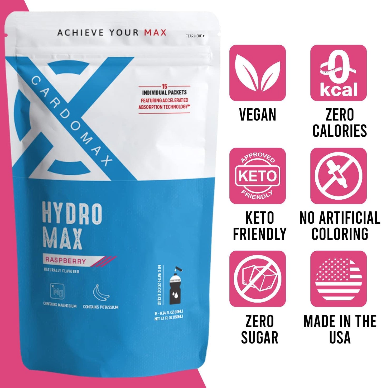 CardoMax Hydromax Raspberry Liquid Electrolyte Drink Mix - 15 Packets for Rapid Hydration & Recovery, Zero Sugar, Keto & Vegan-Friendly