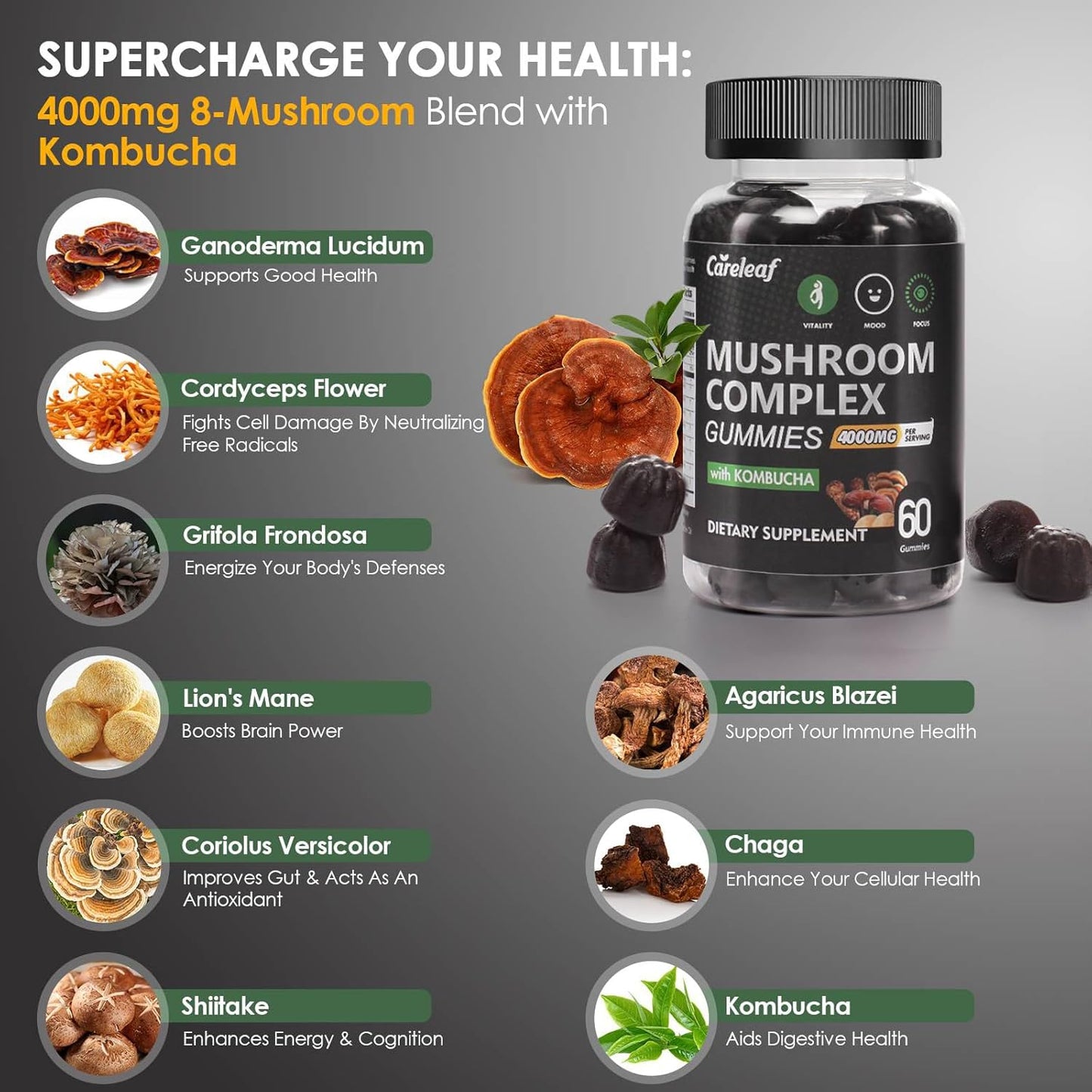 careleaf Apple Cider Vinegar, Mushroom, and Beet Root Gummies for Improved Health and Wellness