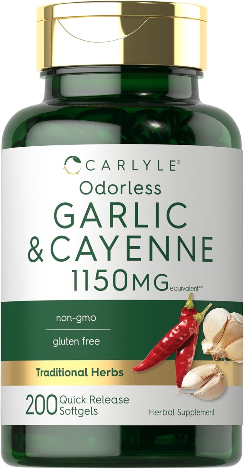 Carllyle Odorless Garlic and Cayenne 1150mg Softgels - 200 Count - Non-GMO, Gluten Free Supplement