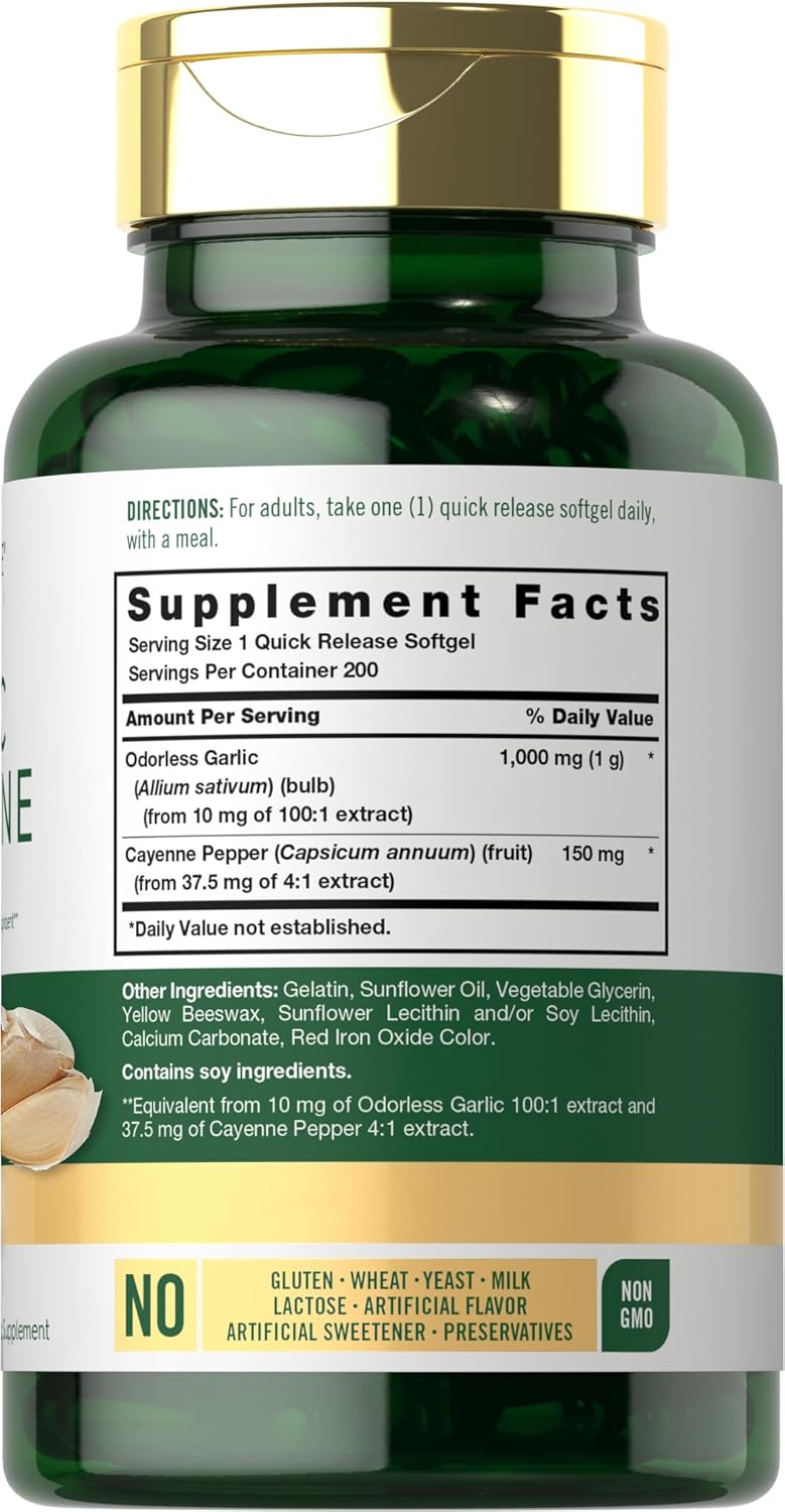 Carllyle Odorless Garlic and Cayenne 1150mg Softgels - 200 Count - Non-GMO, Gluten Free Supplement