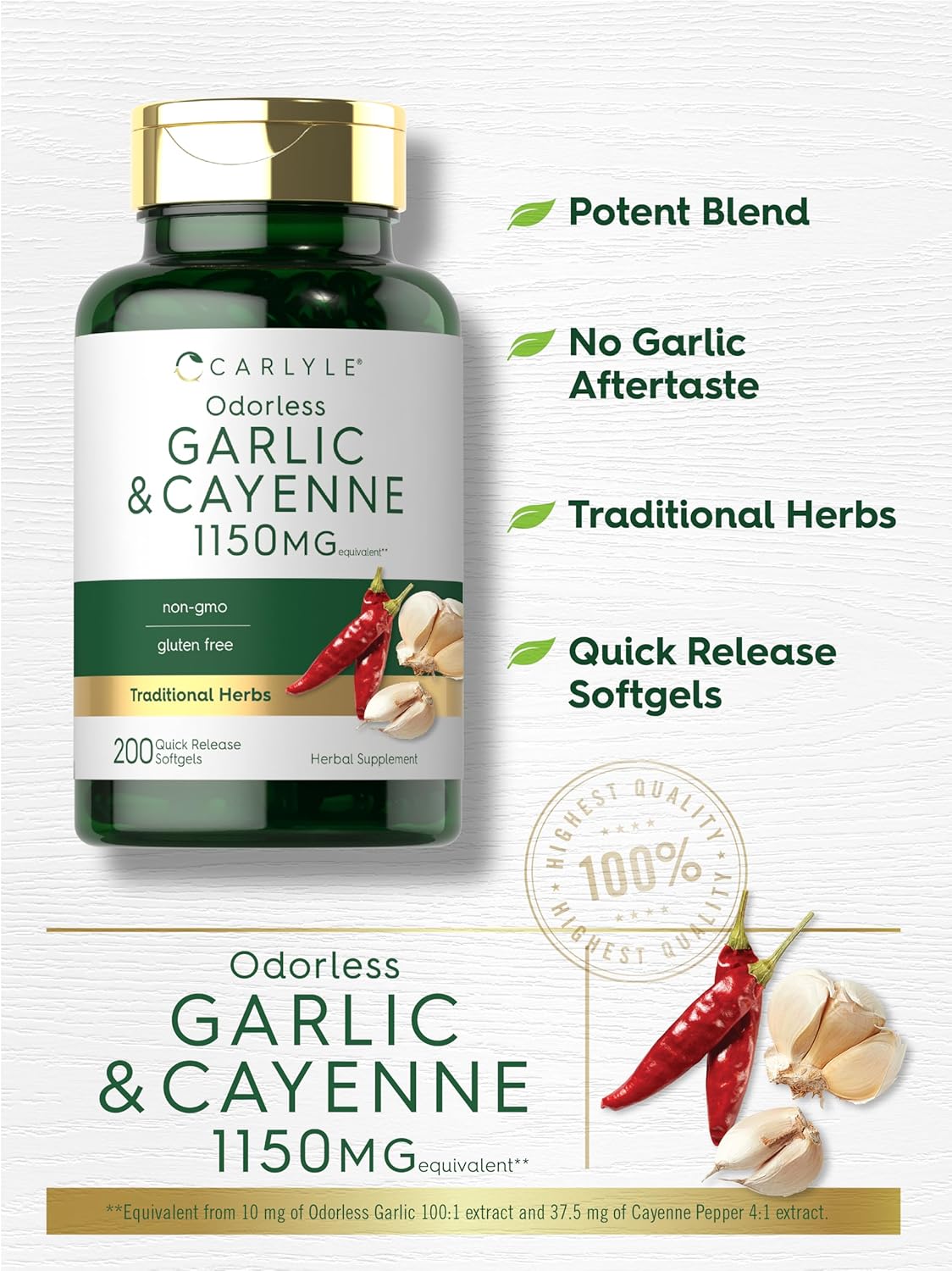 Carllyle Odorless Garlic and Cayenne 1150mg Softgels - 200 Count - Non-GMO, Gluten Free Supplement