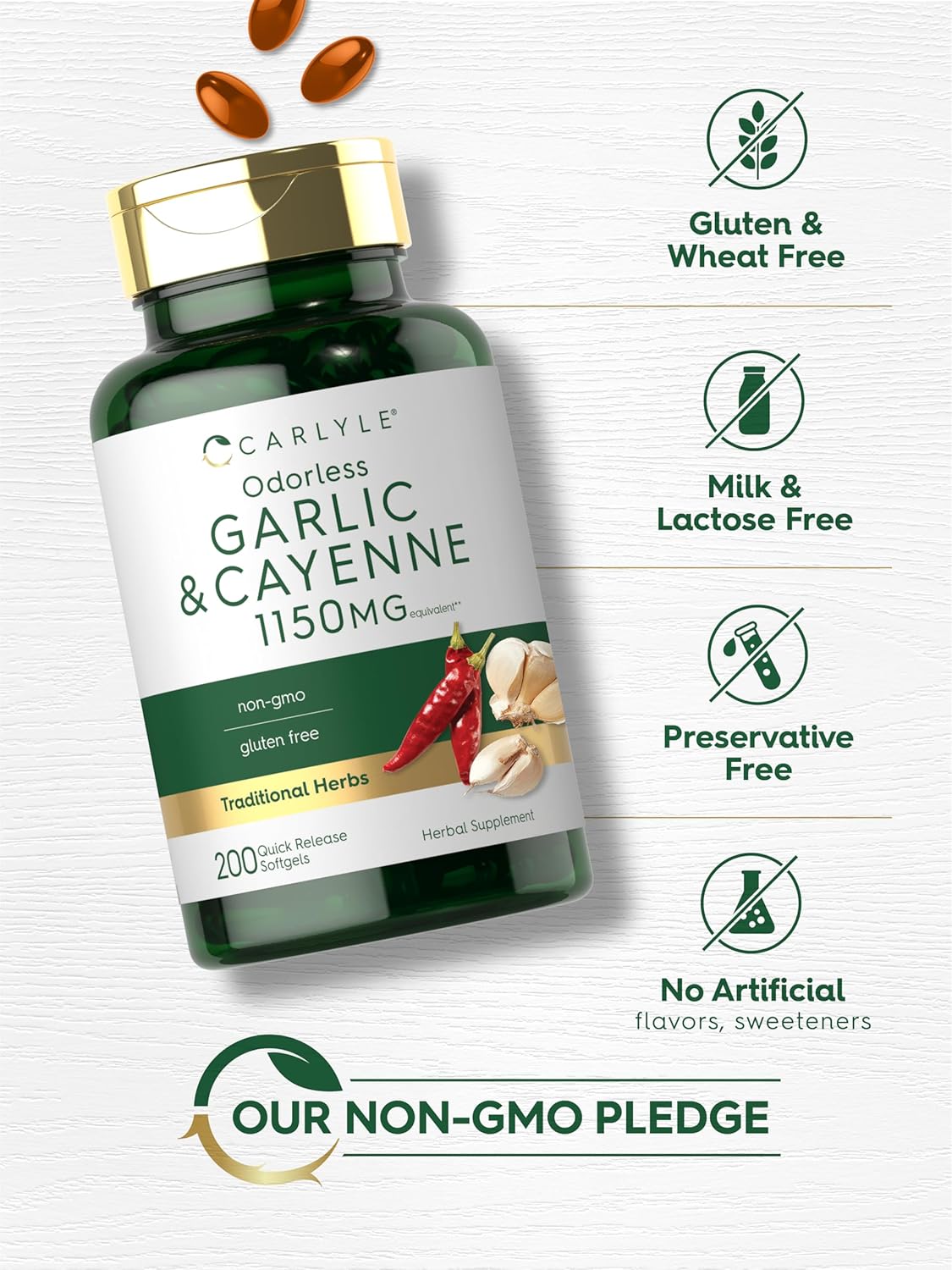 Carllyle Odorless Garlic and Cayenne 1150mg Softgels - 200 Count - Non-GMO, Gluten Free Supplement