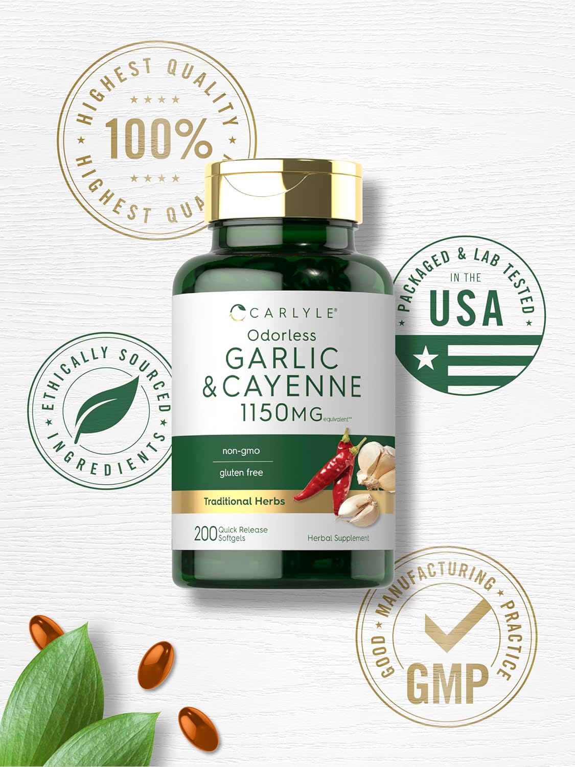 Carllyle Odorless Garlic and Cayenne 1150mg Softgels - 200 Count - Non-GMO, Gluten Free Supplement