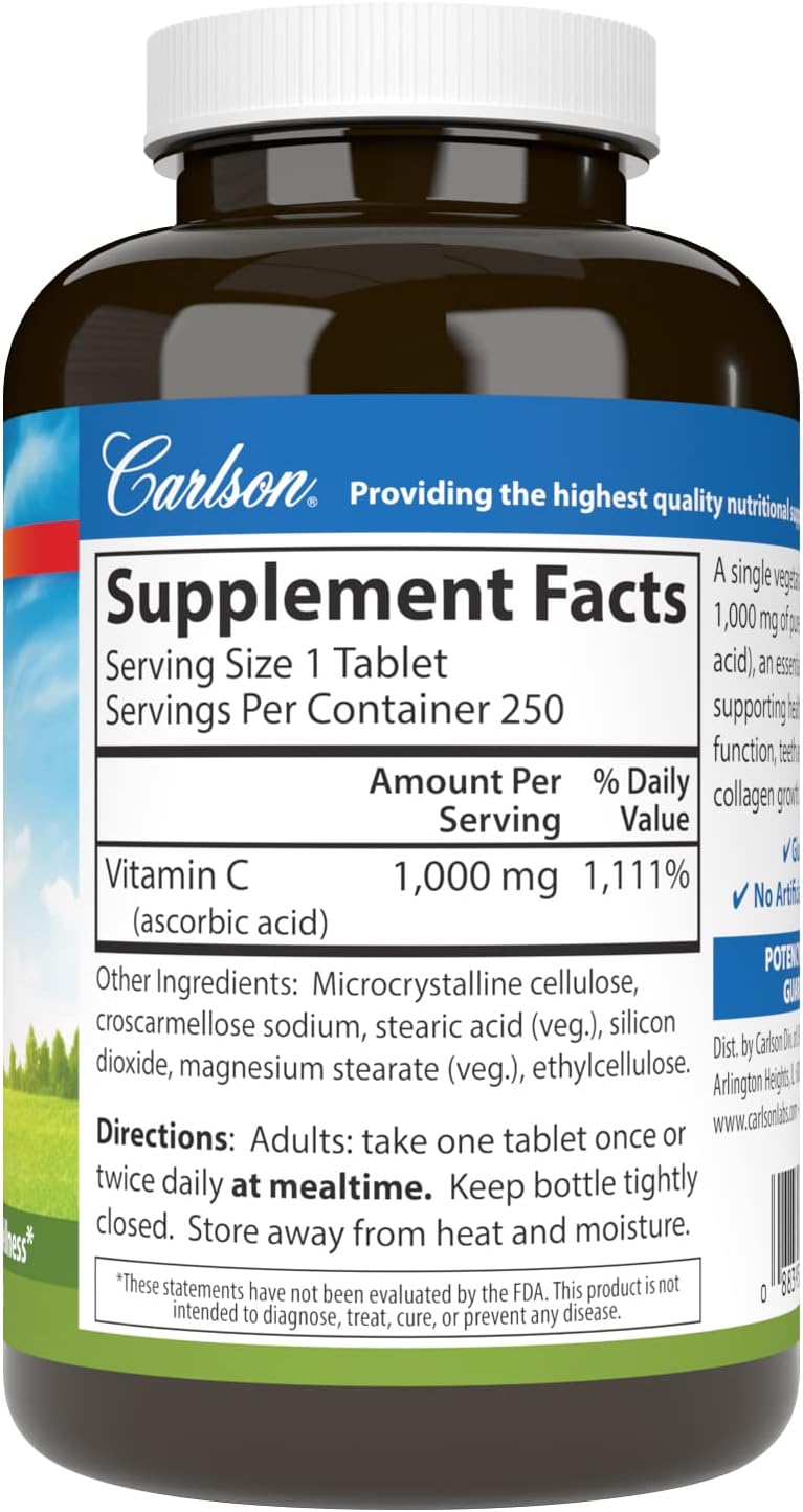 Carlson - High Potency Vitamin C Supplement, 1,000 mg, 250 Tablets