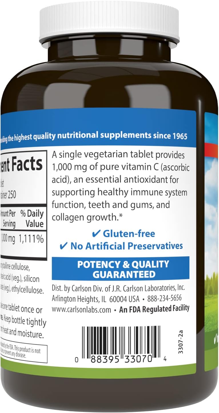 Carlson - High Potency Vitamin C Supplement, 1,000 mg, 250 Tablets
