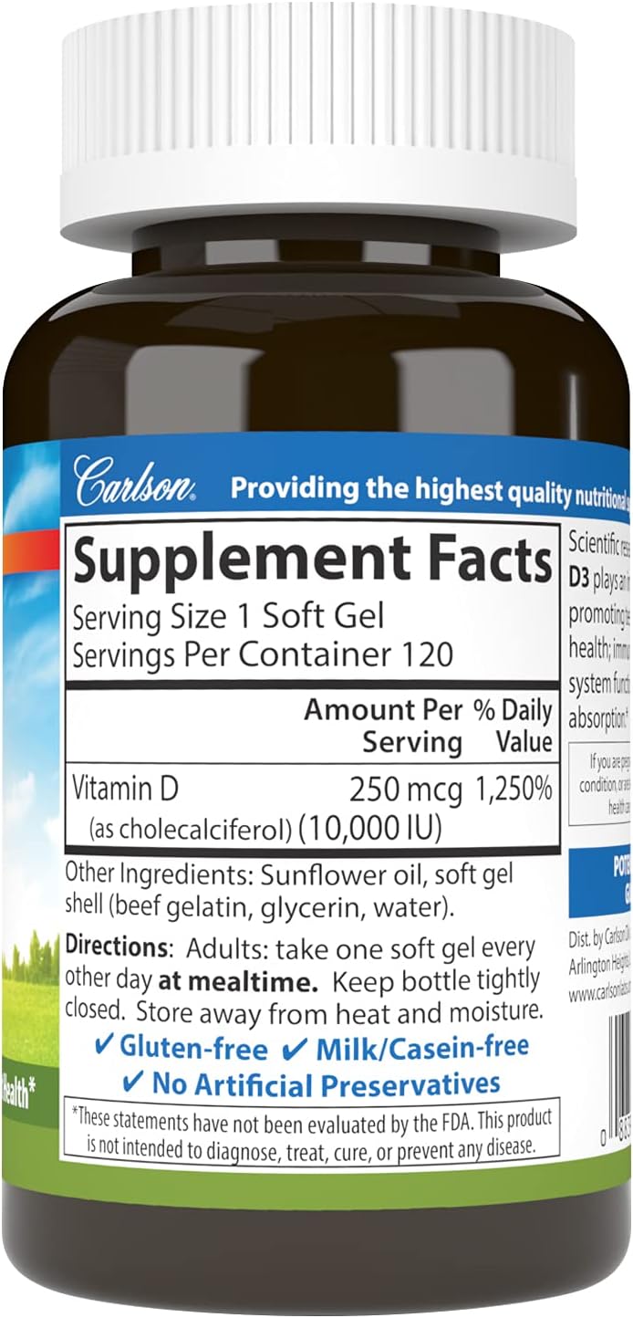 Carlson - High Potency Vitamin D3 10000 IU Softgels for Bone and Immune Support - 120 Count