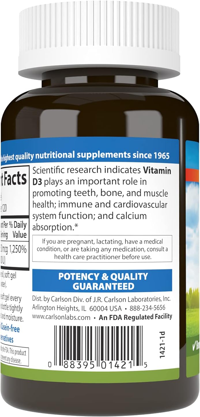 Carlson - High Potency Vitamin D3 10000 IU Softgels for Bone and Immune Support - 120 Count
