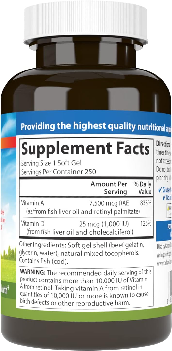 Carlson A & D Vision Support and Skin Health Softgels - 25000 IU Vitamin A, 1000 IU Vitamin D, 250 Softgels