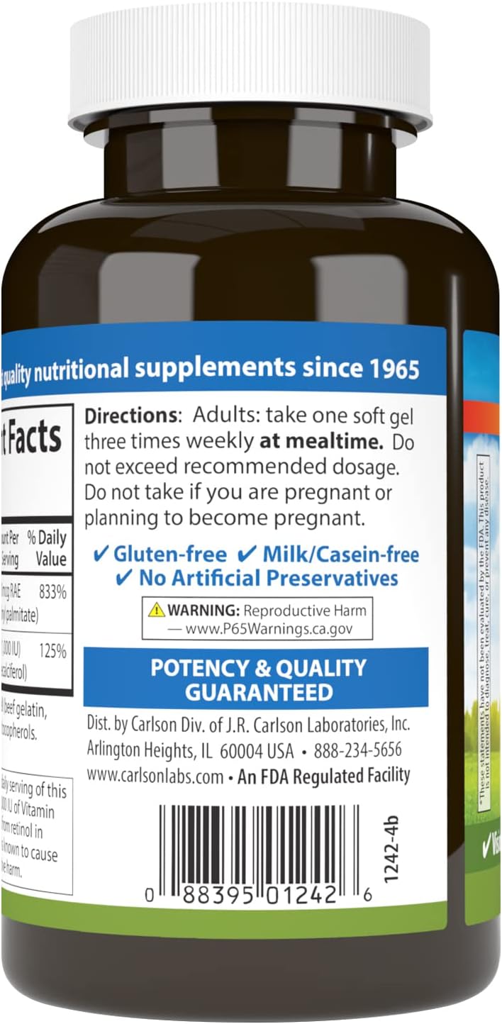 Carlson A & D Vision Support and Skin Health Softgels - 25000 IU Vitamin A, 1000 IU Vitamin D, 250 Softgels