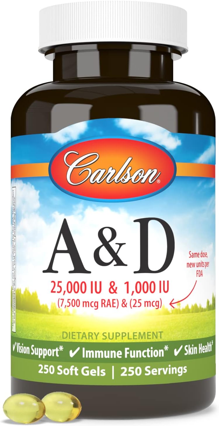 Carlson A & D Vision Support and Skin Health Softgels - 25000 IU Vitamin A, 1000 IU Vitamin D, 250 Softgels