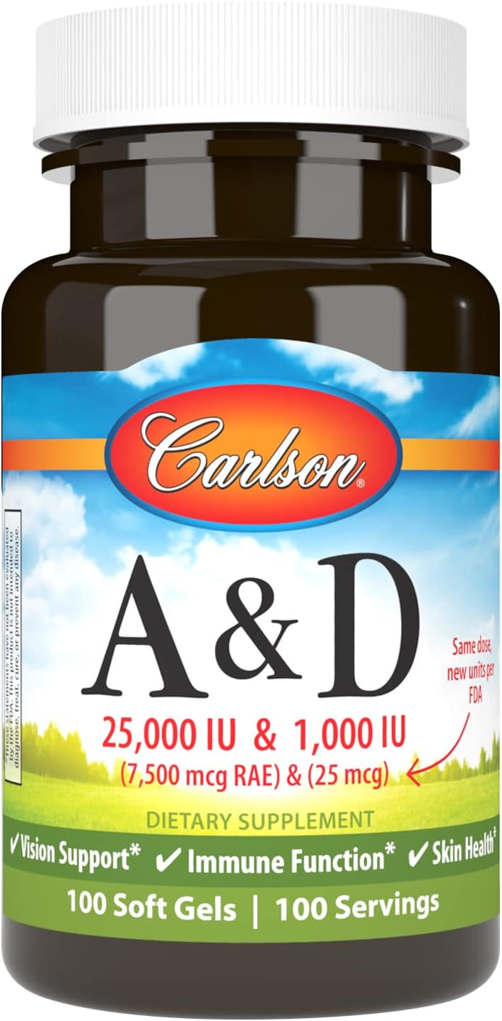 Carlson A & D Vitamins 100 Softgels - 25000 IU Vitamin A, 1000 IU Vitamin D, Vision & Skin Support