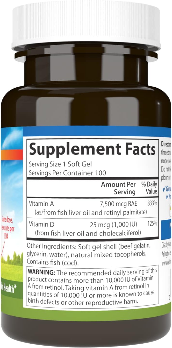 Carlson A & D Vitamins 100 Softgels - 25000 IU Vitamin A, 1000 IU Vitamin D, Vision & Skin Support