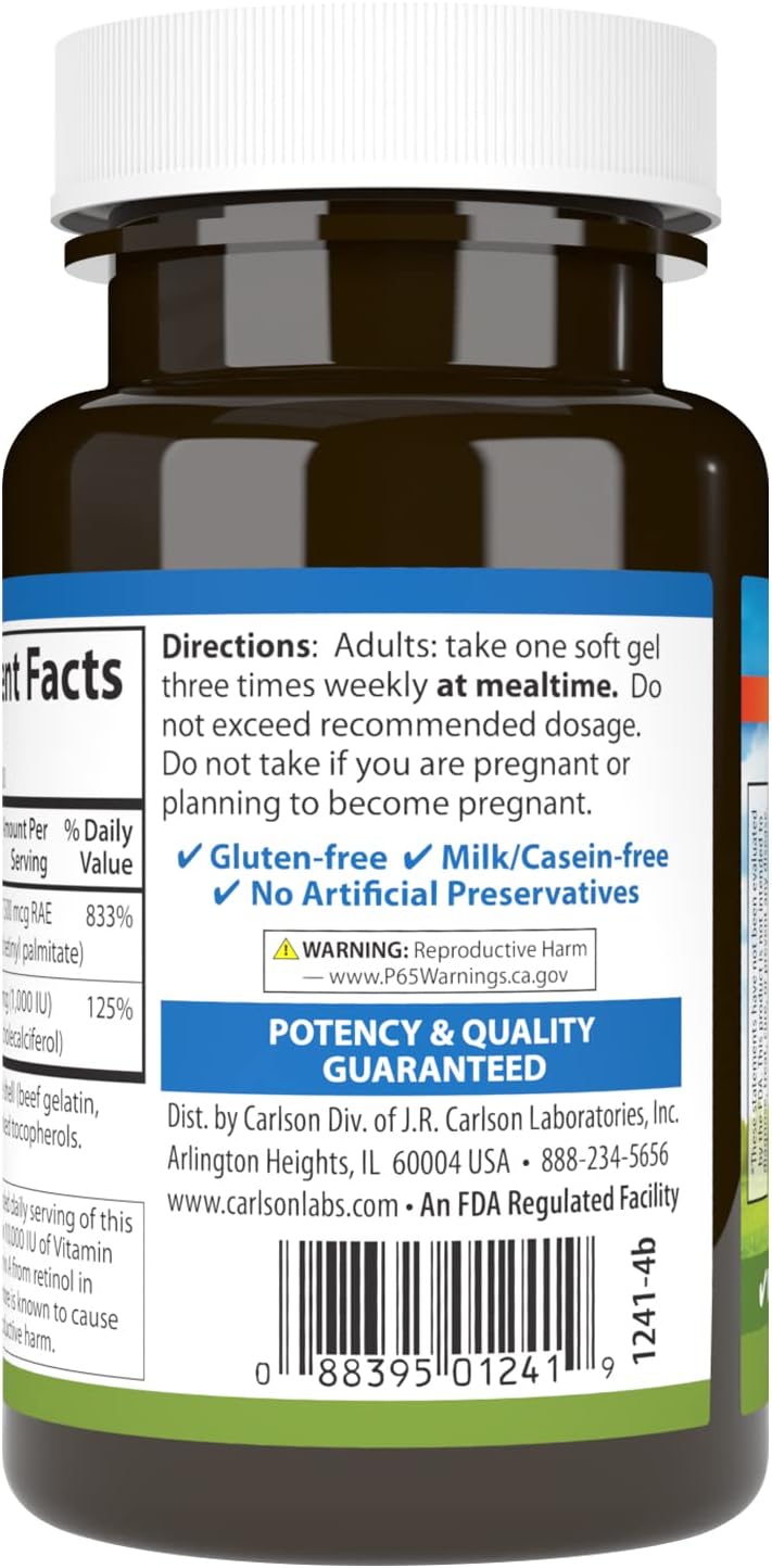 Carlson A & D Vitamins 100 Softgels - 25000 IU Vitamin A, 1000 IU Vitamin D, Vision & Skin Support