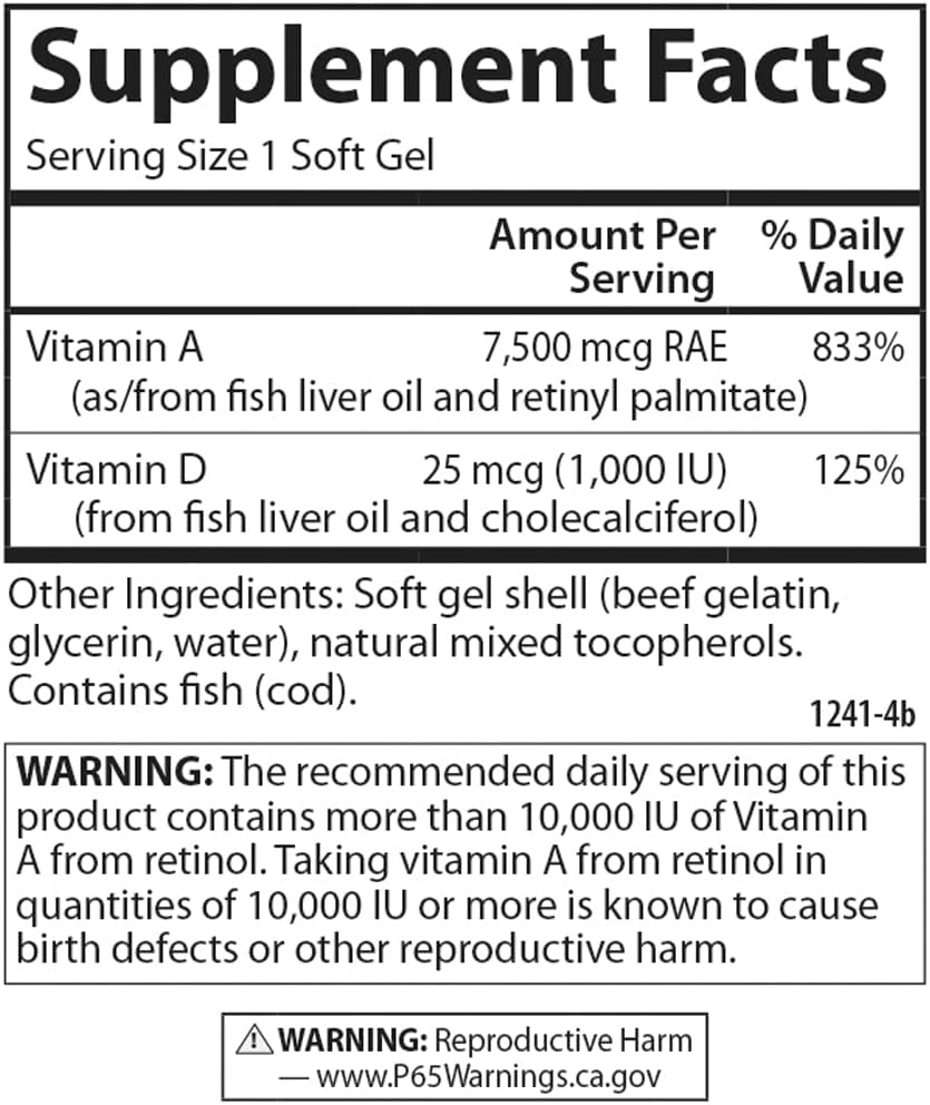 Carlson A & D Vitamins 100 Softgels - 25000 IU Vitamin A, 1000 IU Vitamin D, Vision & Skin Support