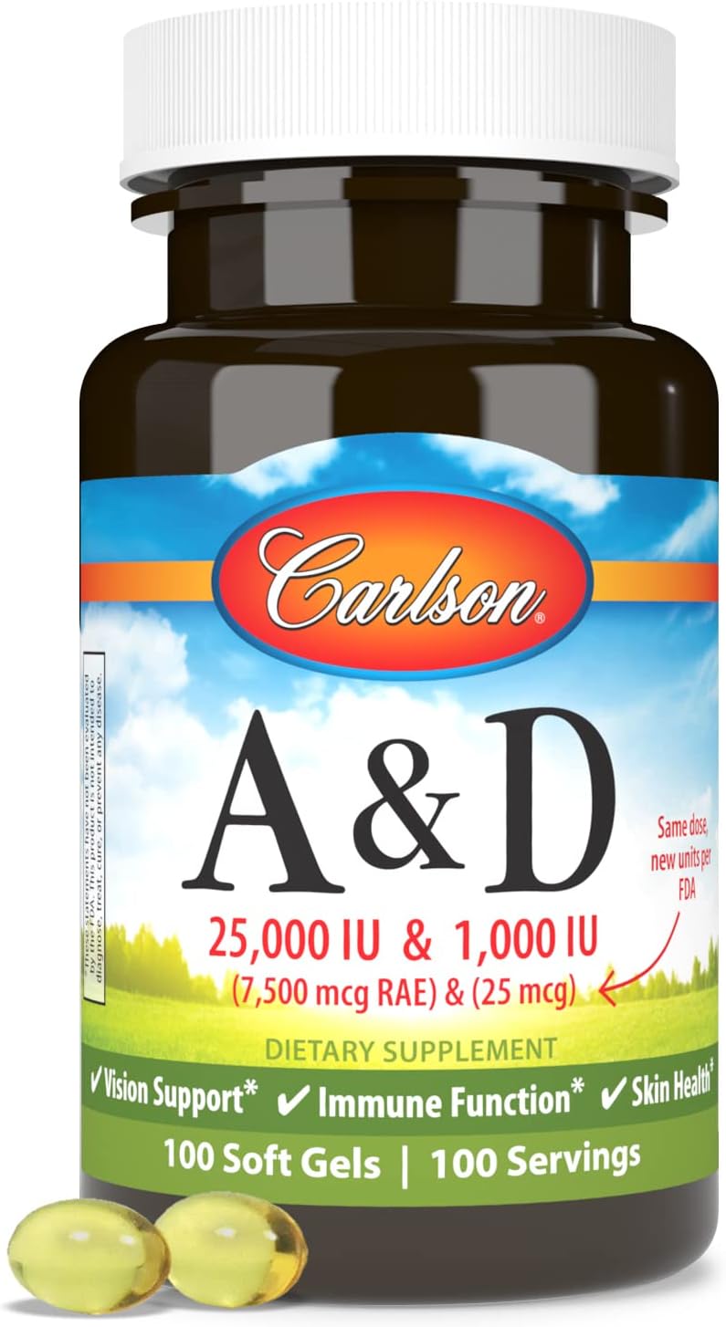 Carlson A & D Vitamins 100 Softgels - 25000 IU Vitamin A, 1000 IU Vitamin D, Vision & Skin Support