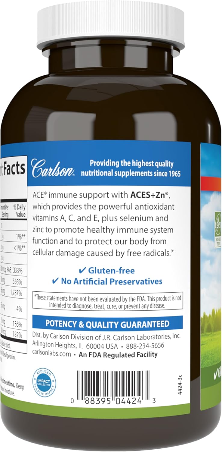 Carlson ACES + Zn Softgels Multivitamin with Zinc, Vitamins A, C, E, Selenium for Cellular Health & Immune Support, Antioxidant Formula