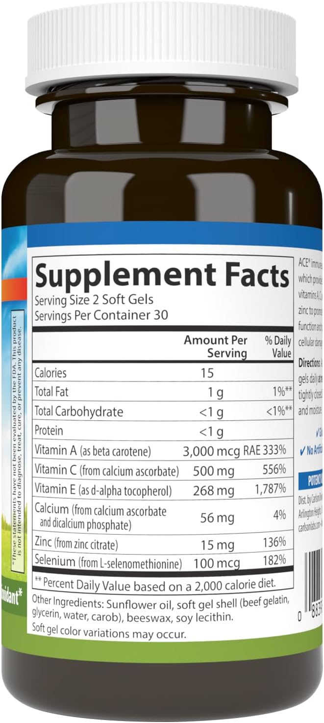 Carlson ACES + Zn Softgels: Vitamins A, C, E, Selenium & Zinc for Cellular Health & Immune Support