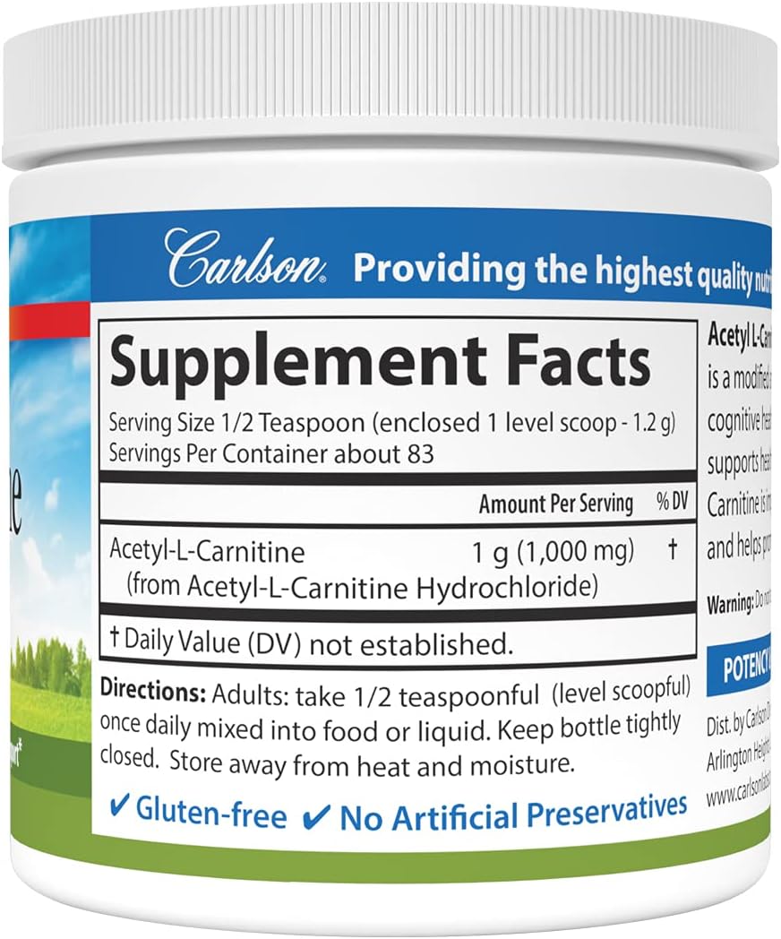 Carlson Acetyl L-Carnitine Powder - Cognitive Health, Brain Function, Muscle Support - 3.53 oz