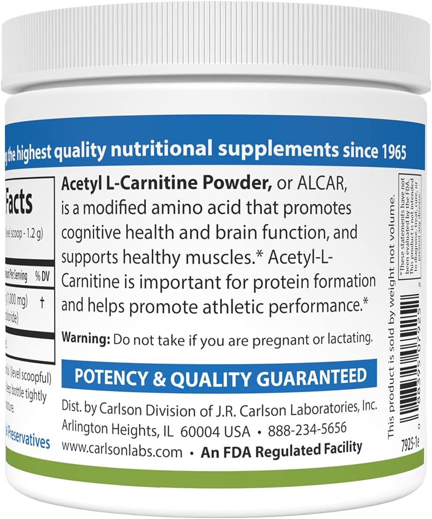 Carlson Acetyl L-Carnitine Powder - Cognitive Health, Brain Function, Muscle Support - 3.53 oz