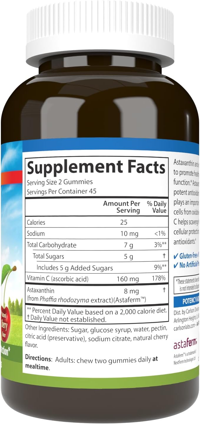 Carlson Astaxanthin Gummies with Vitamin C - Immune and Heart Health Support - Non-GMO Cherry Flavor - 90 Vegetarian Gummies