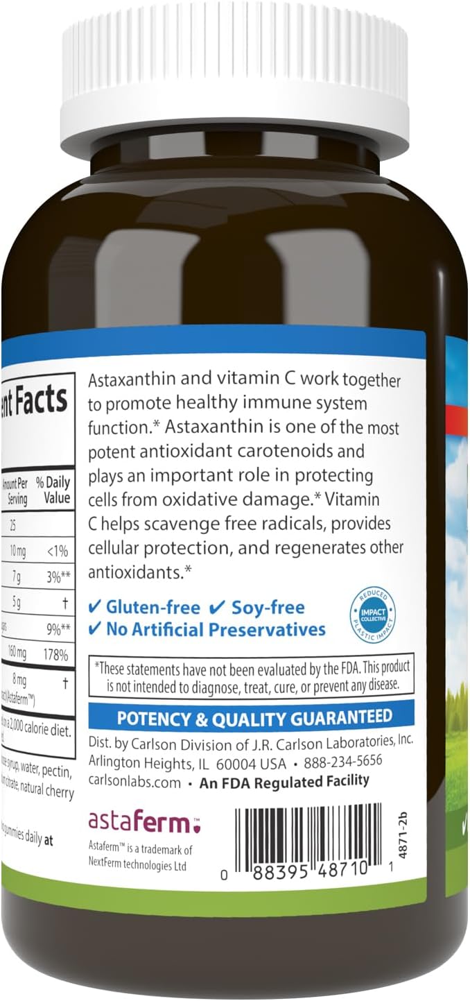 Carlson Astaxanthin Gummies with Vitamin C - Immune and Heart Health Support - Non-GMO Cherry Flavor - 90 Vegetarian Gummies