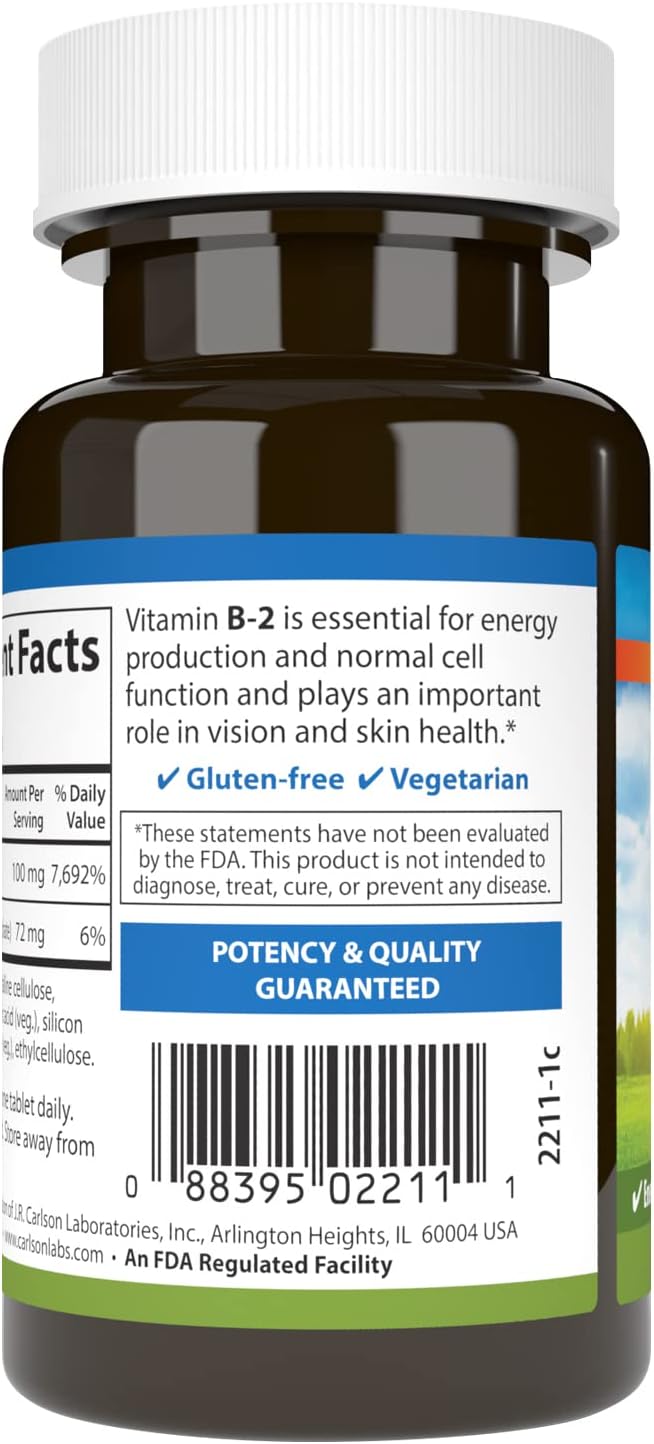 Carlson B-2 Riboflavin 100mg Tablets for Energy, Vision, and Skin - 100 Vegetarian Tablets