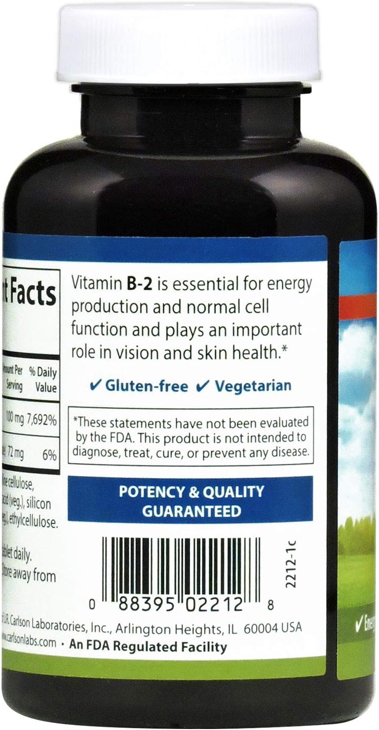 Carlson B-2 Riboflavin 100mg Tablets for Energy, Vision, and Skin - 250 Vegetarian Tablets