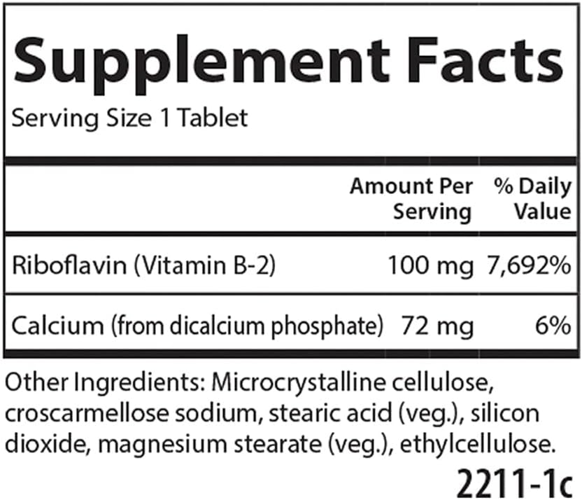 Carlson B-2 Riboflavin 100mg Tablets for Energy, Vision, and Skin - 100 Vegetarian Tablets