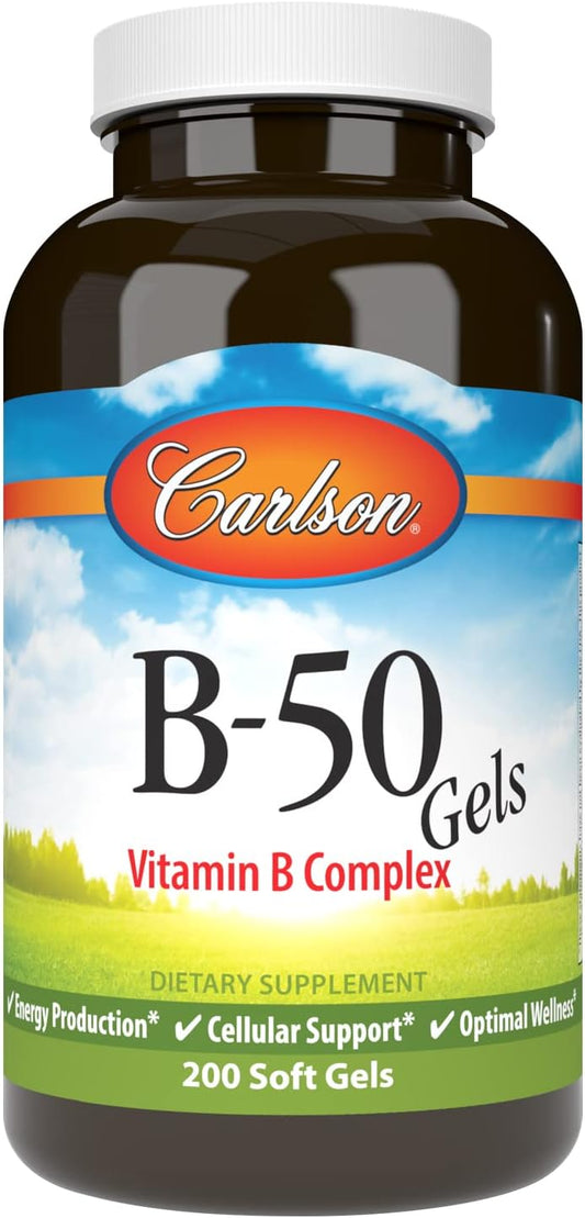 Carlson B-50 Gels: Vitamin B Complex for Energy Production and Cellular Support - 200 Softgels