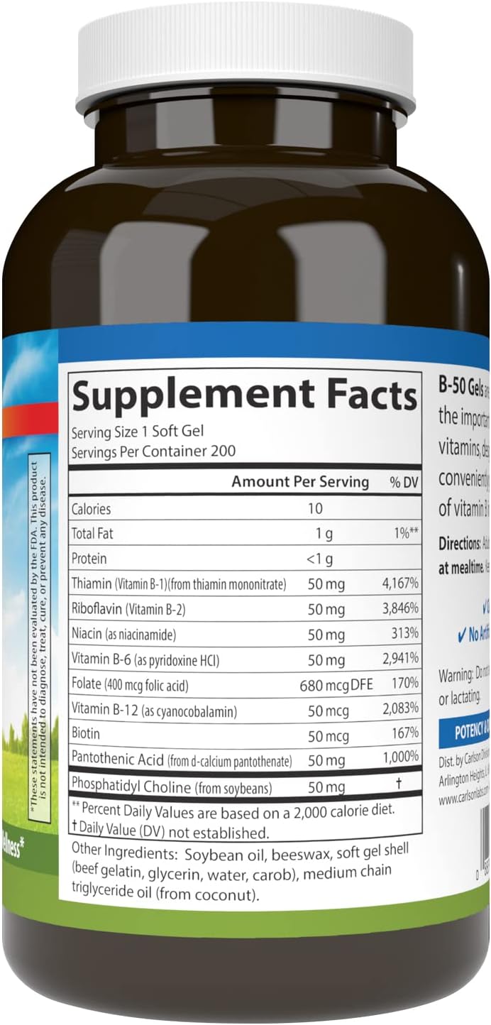 Carlson B-50 Gels: Vitamin B Complex for Energy Production and Cellular Support - 200 Softgels
