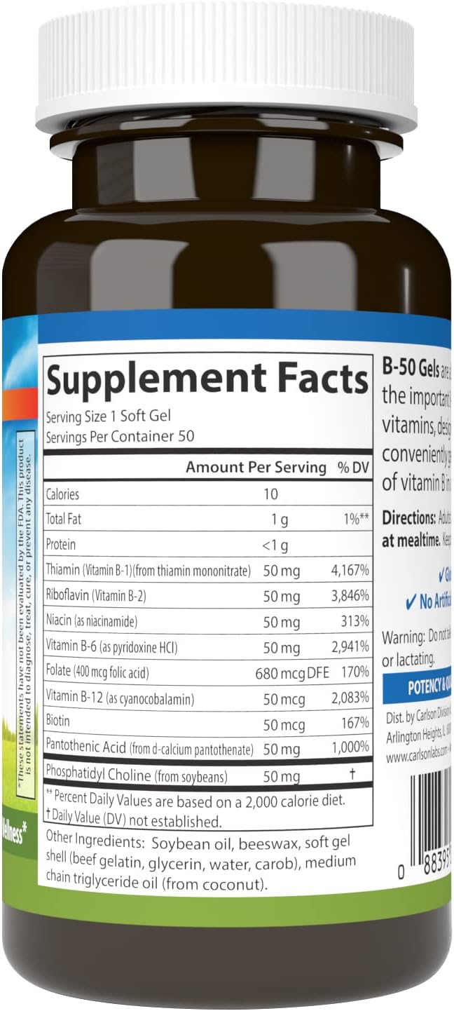 Carlson B-50 Gels: Vitamin B Complex for Energy Production, Cellular Support, and Wellness - 50 Softgels