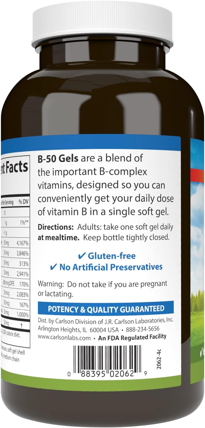 Carlson B-50 Gels: Vitamin B Complex for Energy Production and Cellular Support - 200 Softgels